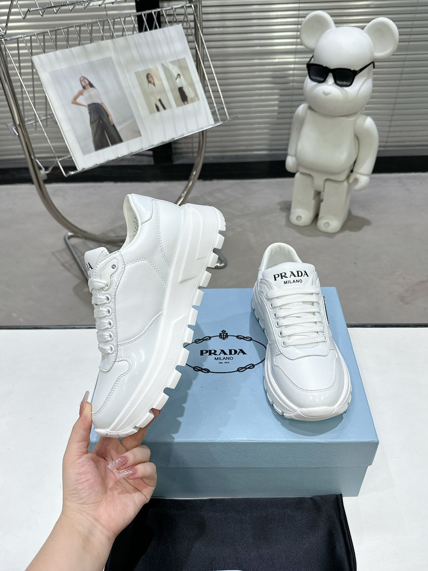 PRD Triangle Logo Leather Sneakers Triple White-046 - sneakerhillcom