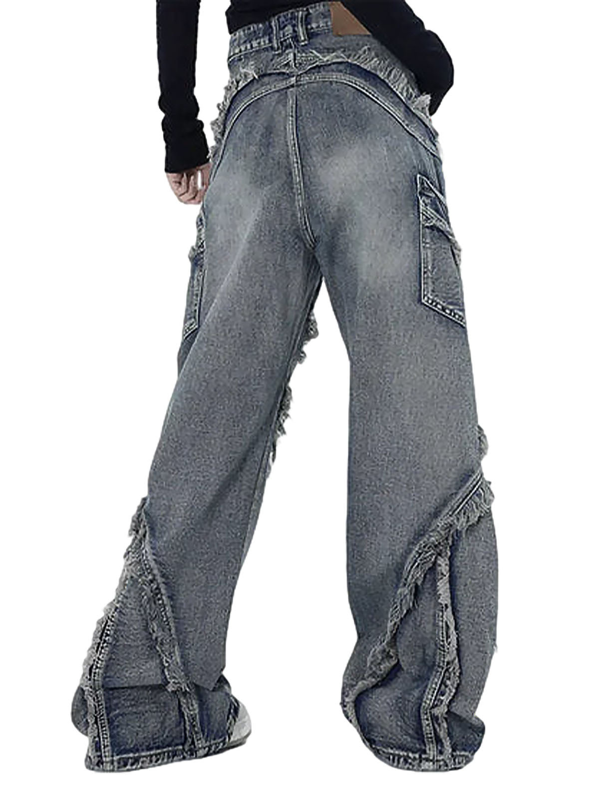 Sneakerhill Washed Side Pocket Raw Edge Baggy Jeans - sneakerhillcom