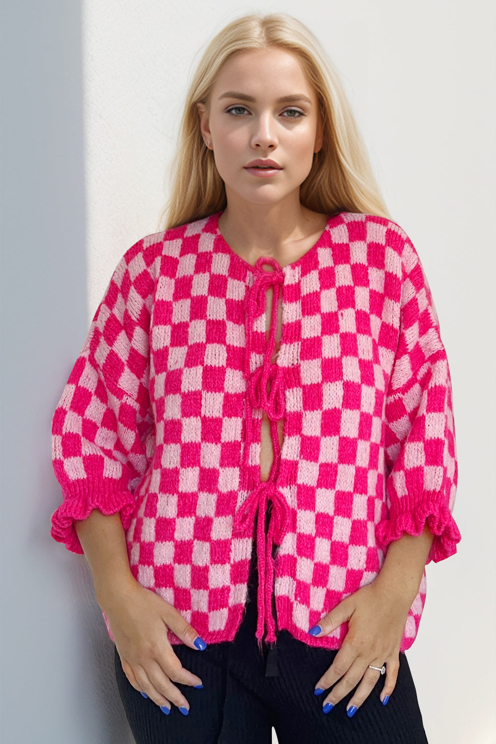 Double Take Tied Checkered Dropped Shoulder Flounce Sleeve Cardigan Trendsi