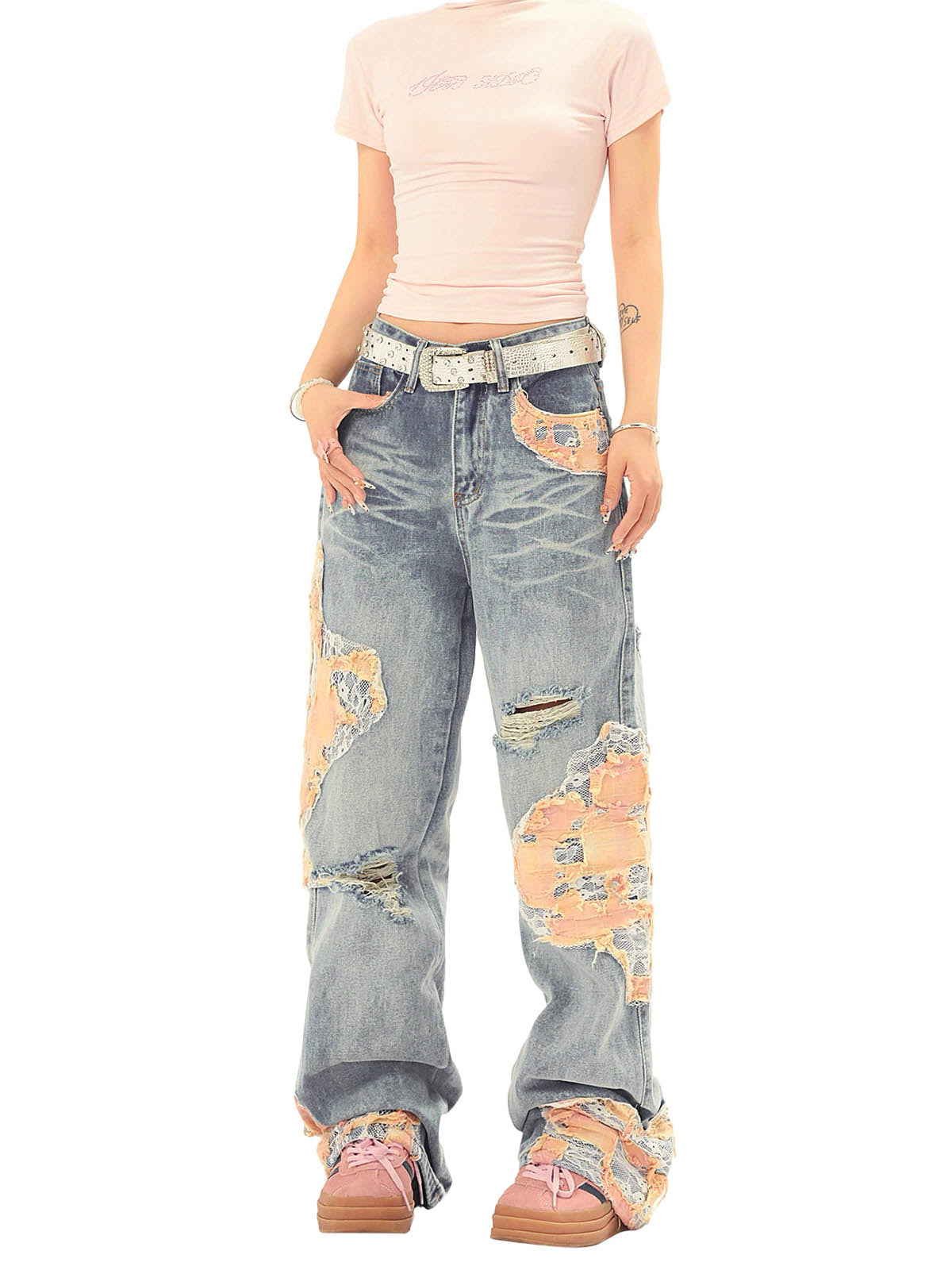 Sneakerhill Vintage Lace Patchwork Baggy Jeans - sneakerhillcom