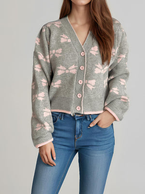 Bow V-Neck Button Down Long Sleeve Cardigan Trendsi