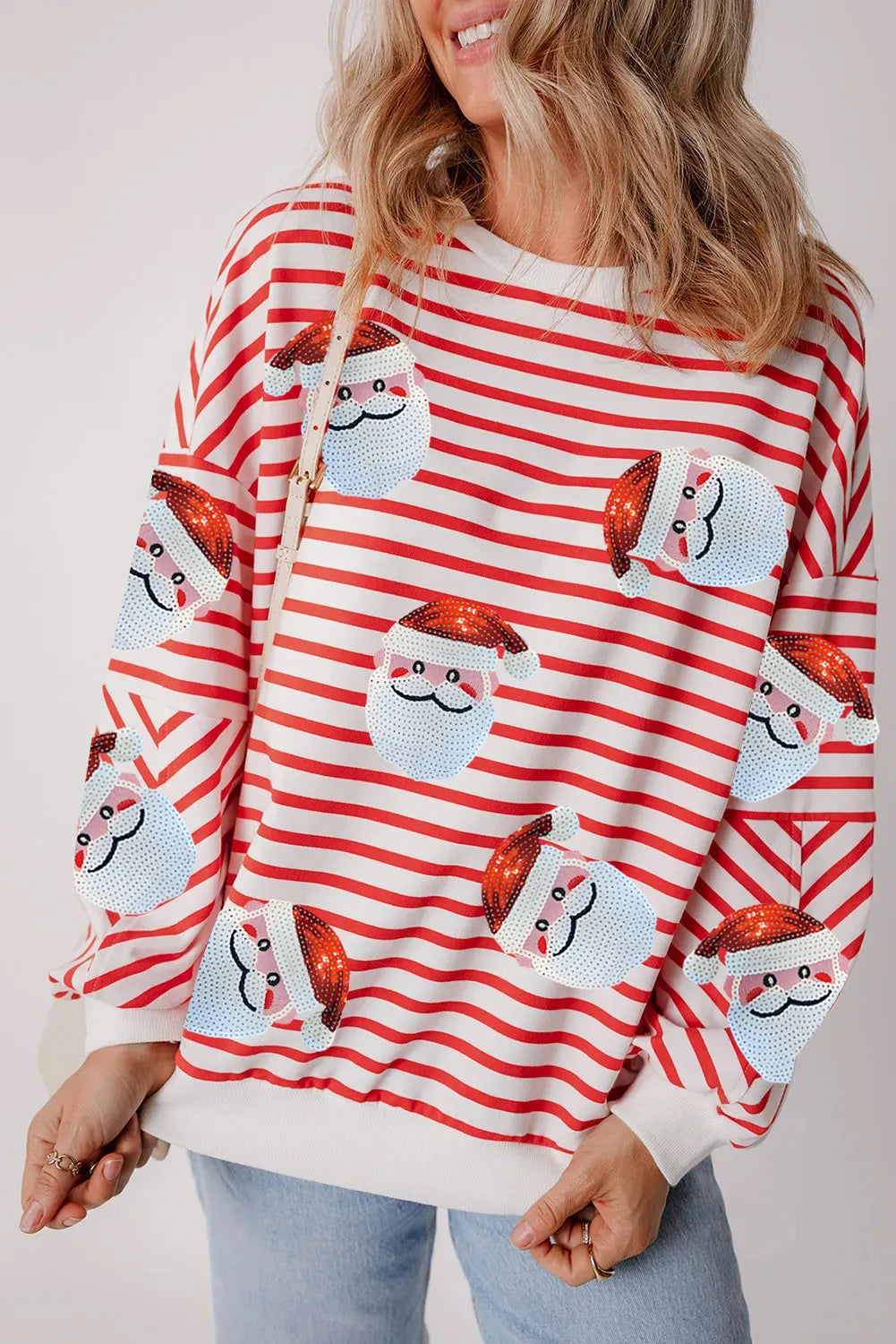 Sequin Santa Striped Round Neck Long Sleeve Sweatshirt Trendsi