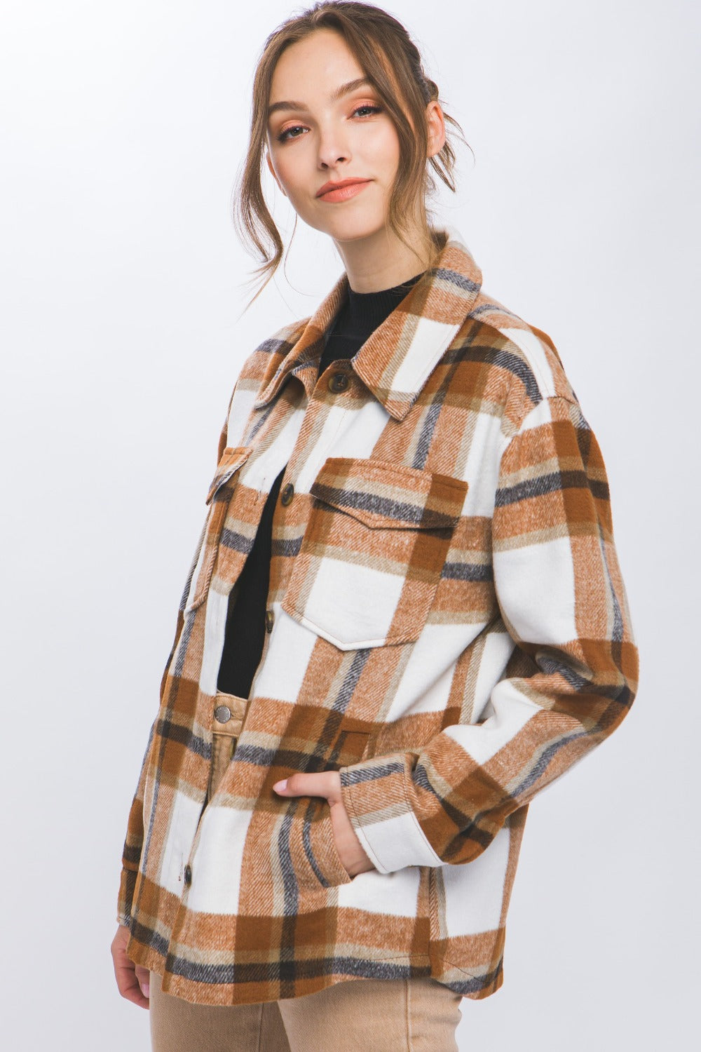 Love Tree Plaid Button Up Shacket Trendsi