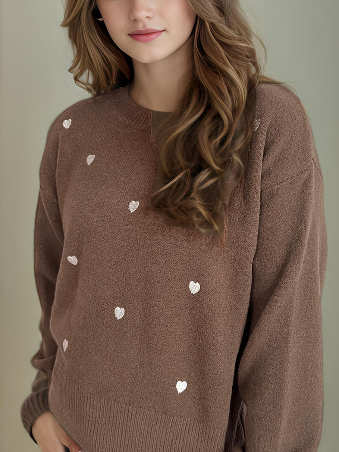 Heart Round Neck Long Sleeve Sweater Trendsi