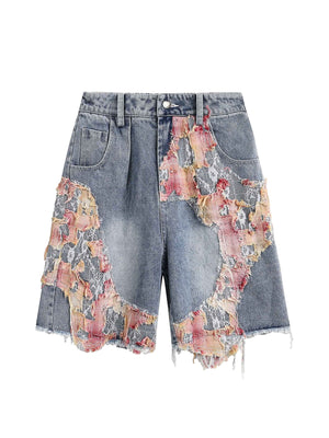 Sneakerhill Craftsmanship Ripped Floral Denim Shorts - 2135 SP2405188RTS