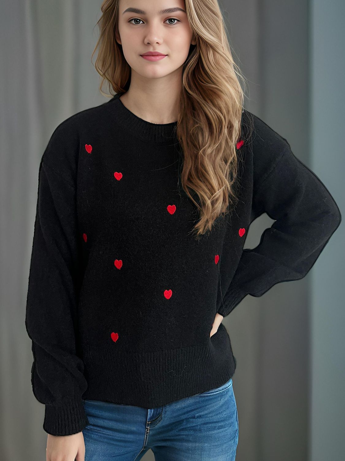 Heart Round Neck Long Sleeve Sweater Trendsi