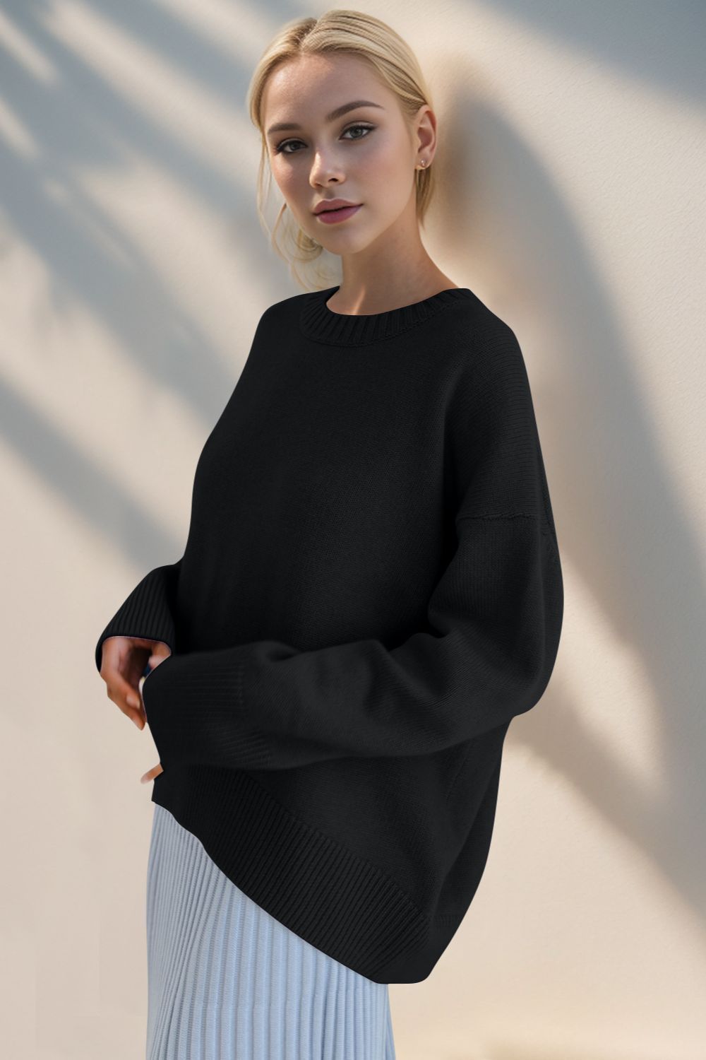 Basic Bae Round Neck Dropped Shoulder Sweater Trendsi