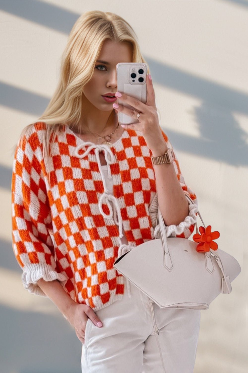 Double Take Tied Checkered Dropped Shoulder Flounce Sleeve Cardigan Trendsi