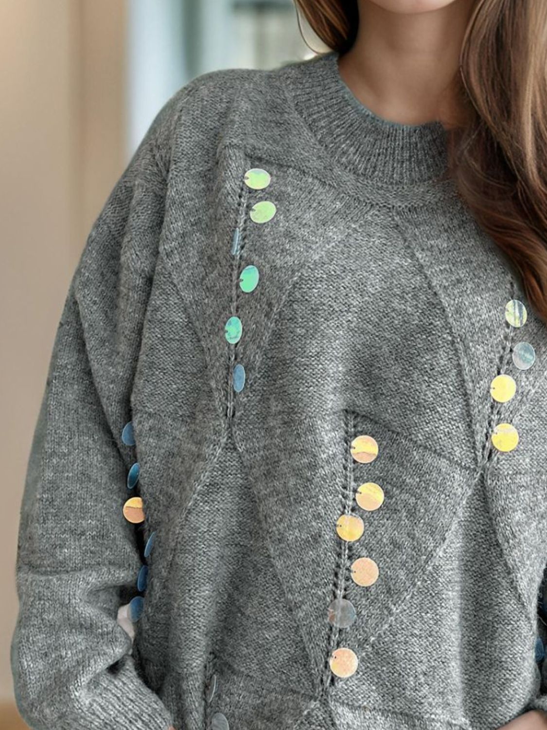 Sequin Mock Neck Long Sleeve Sweater Trendsi