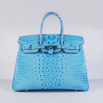 Birkin 35cm Crocodile Head Veins Handbags Light Blue Silver Kilta bags