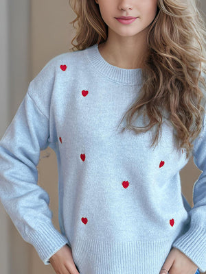 Heart Round Neck Long Sleeve Sweater Trendsi