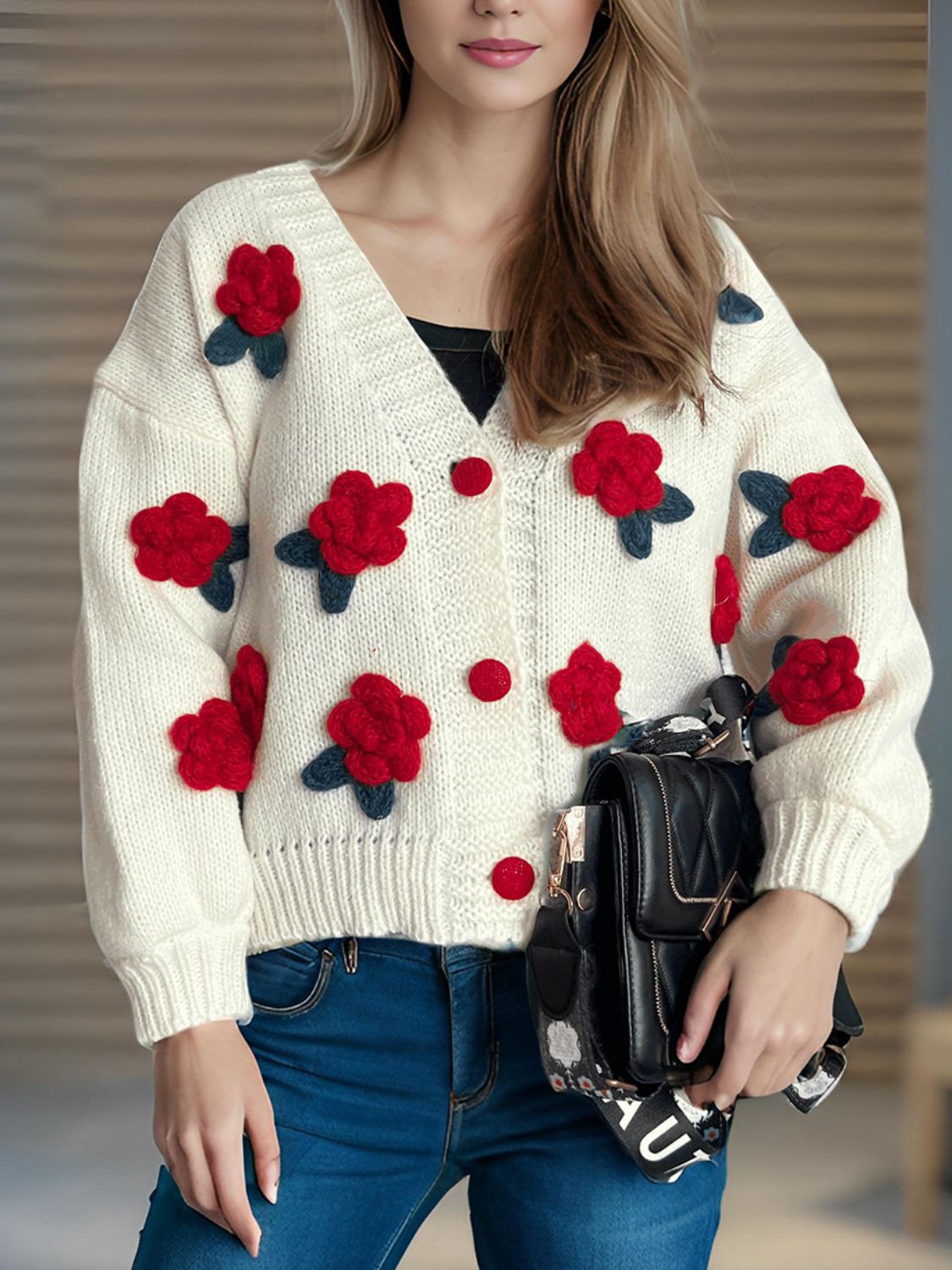 Flower Button Down V-Neck Long Sleeve Cardigan Trendsi