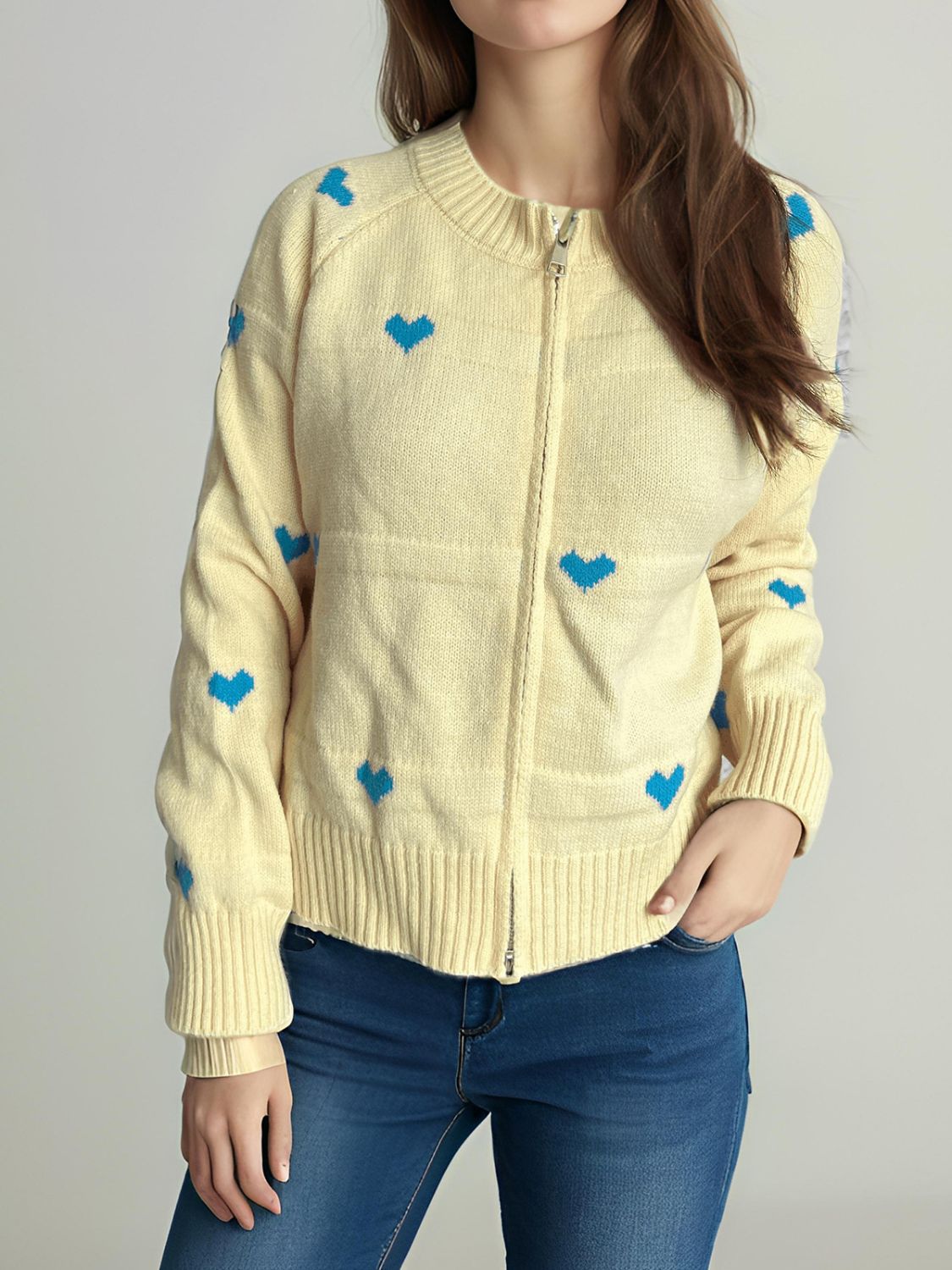 Heart Round Neck Zip Up Cardigan Trendsi