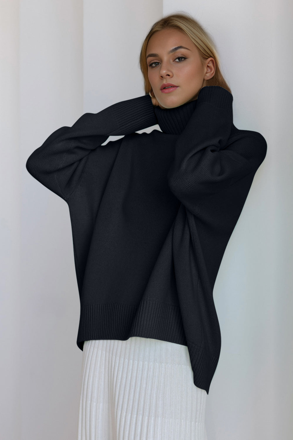 Basic Bae Turtleneck Dropped Shoulder Long Sleeve Sweater Trendsi