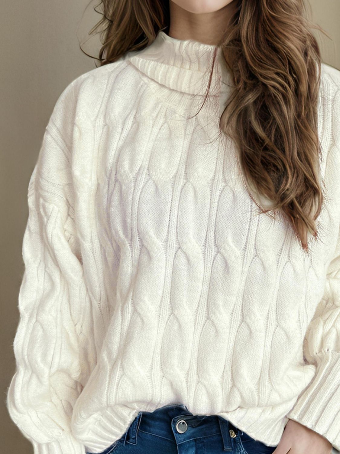 Cable-Knit Turtleneck Long Sleeve Sweater Trendsi