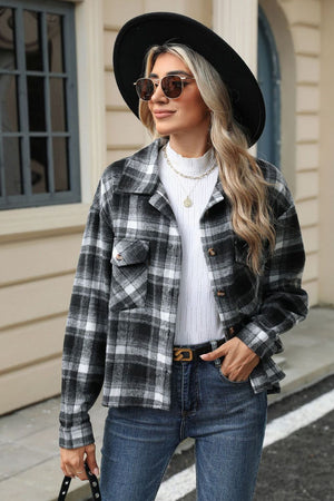 Pocketed Plaid Collared Neck Dropped Shoulder Jacket Trendsi