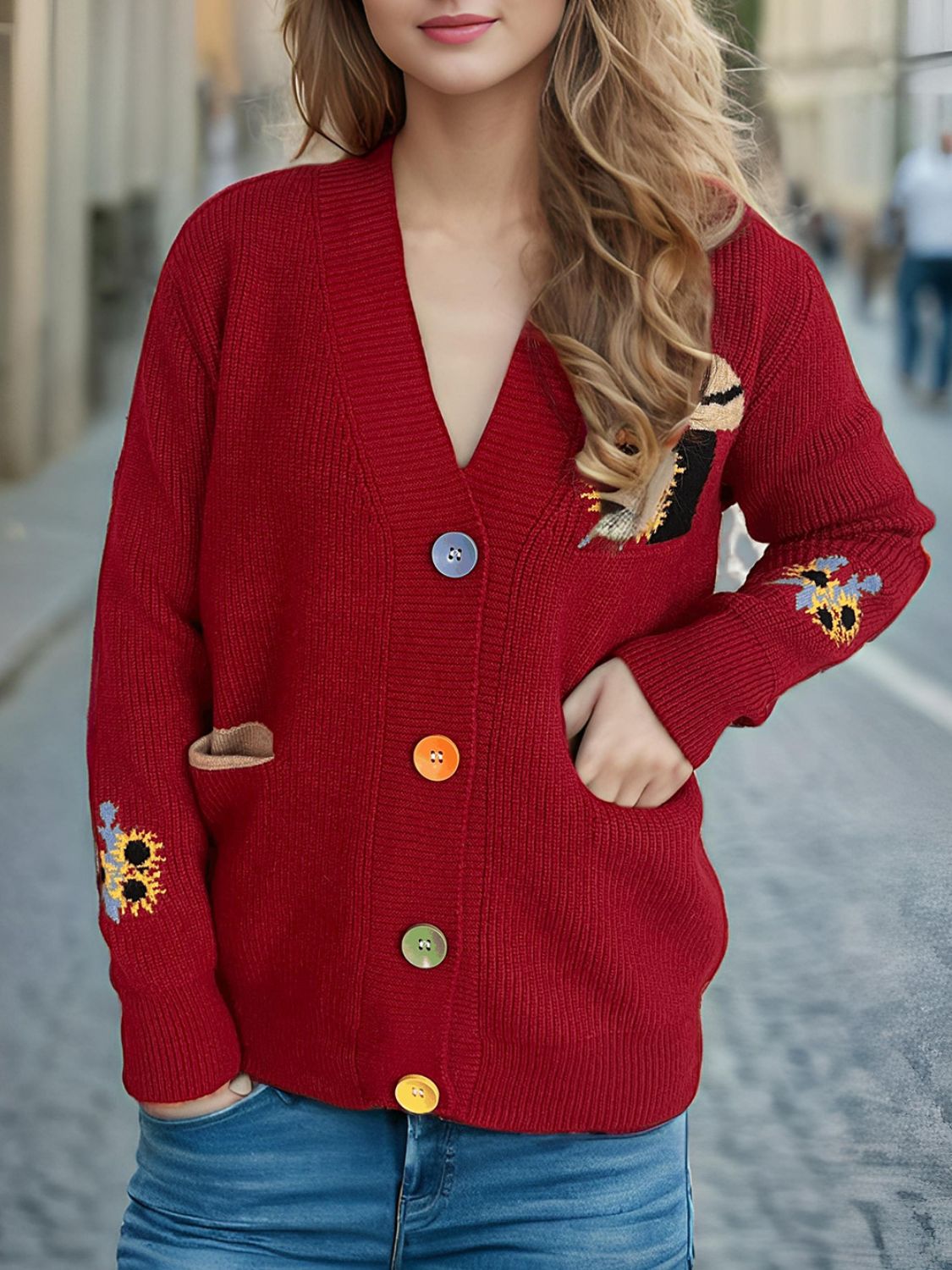 Contrast Button V-Neck Long Sleeve Cardigan Trendsi