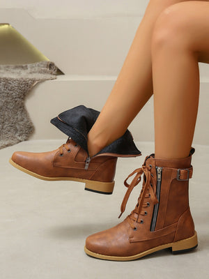 PU Leather Lace-Up Boots Trendsi