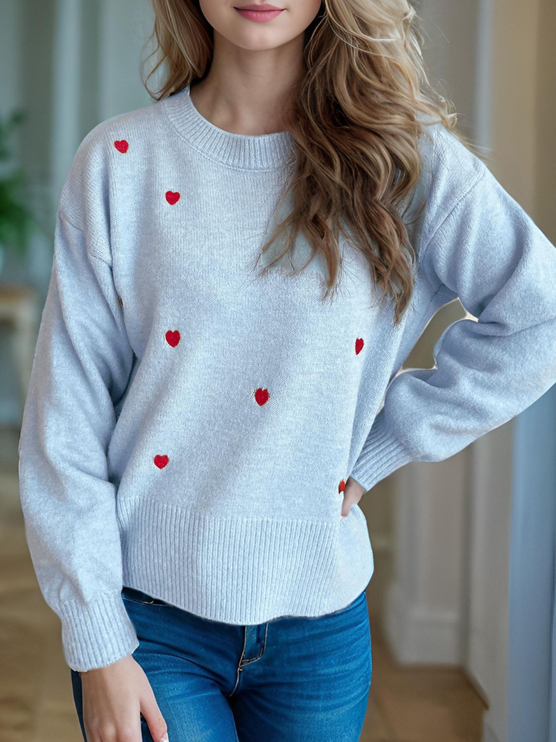 Heart Round Neck Long Sleeve Sweater Trendsi