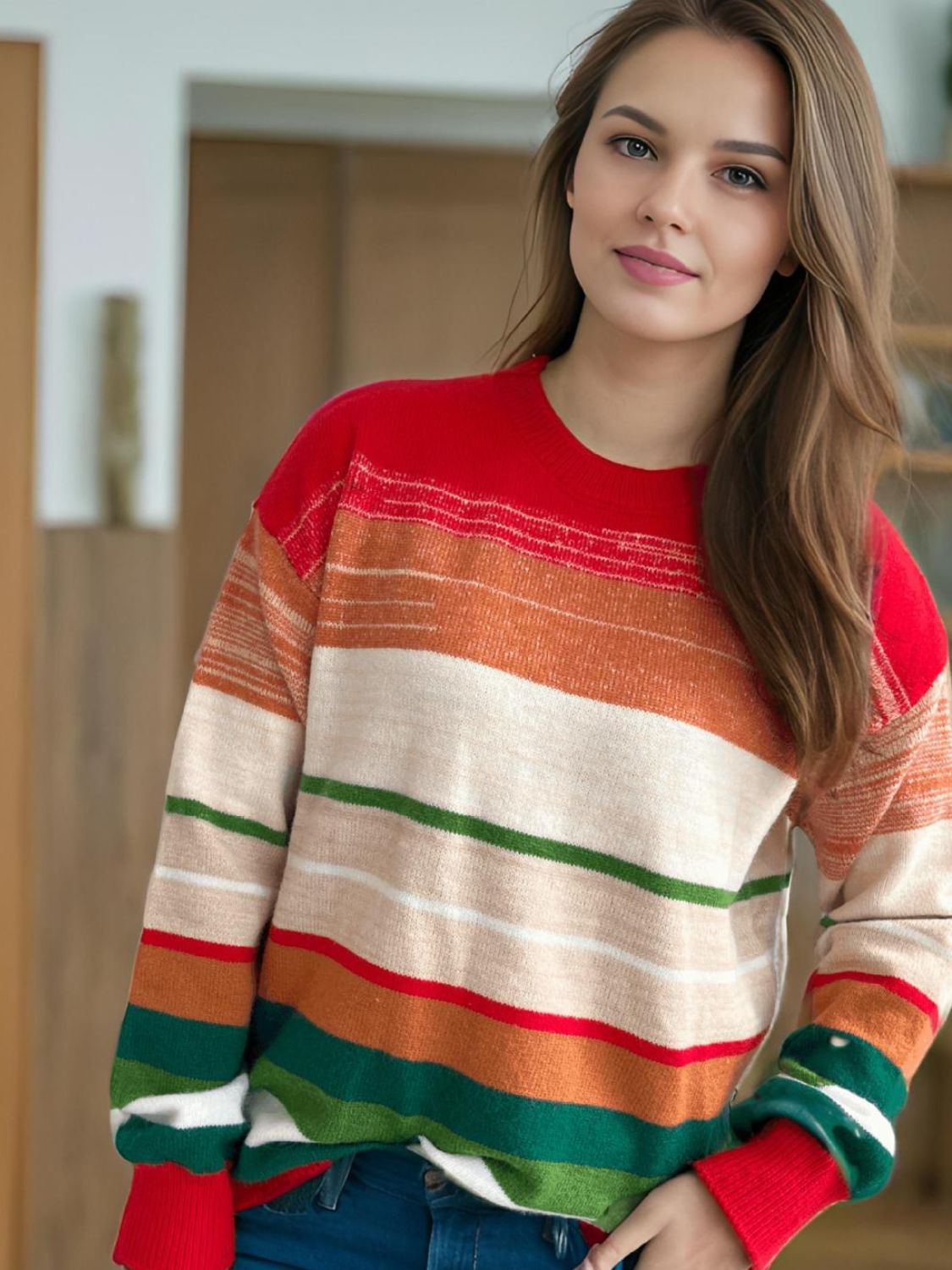 Contrast Striped Round Neck Long Sleeve Sweater Trendsi