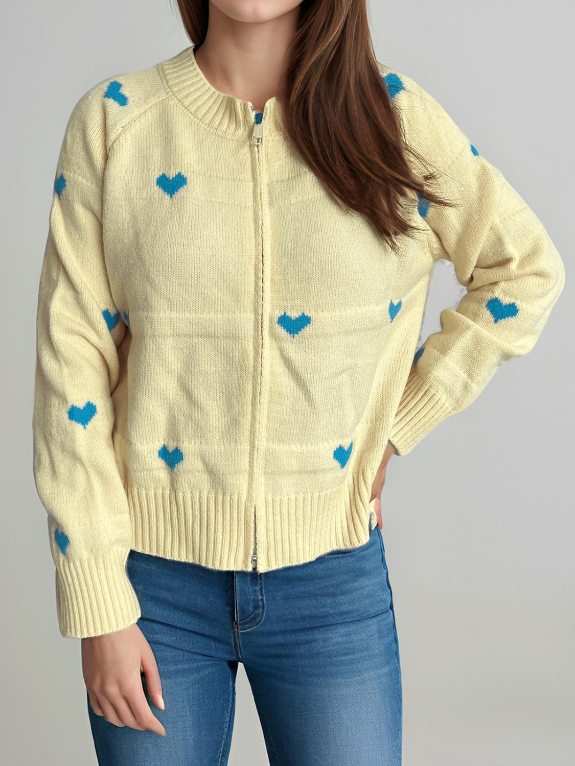 Heart Round Neck Zip Up Cardigan Trendsi