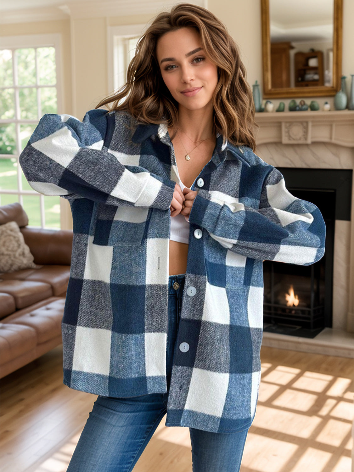 Plaid Button Up Long Sleeve Shacket Trendsi