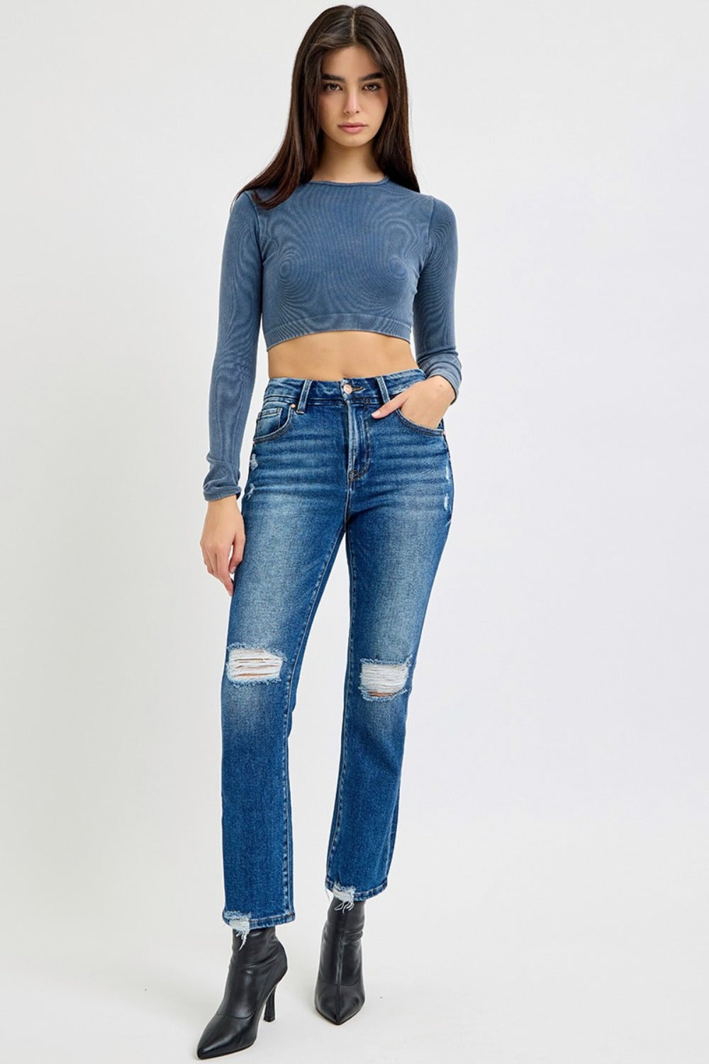 RISEN Full Size High Rise Distressed Crop Straight Jeans Trendsi