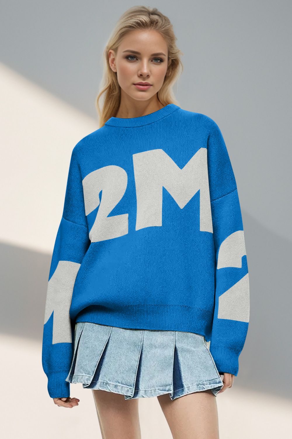 Basic Bae Contrast Letter Round Neck Long Sleeve Sweater Trendsi