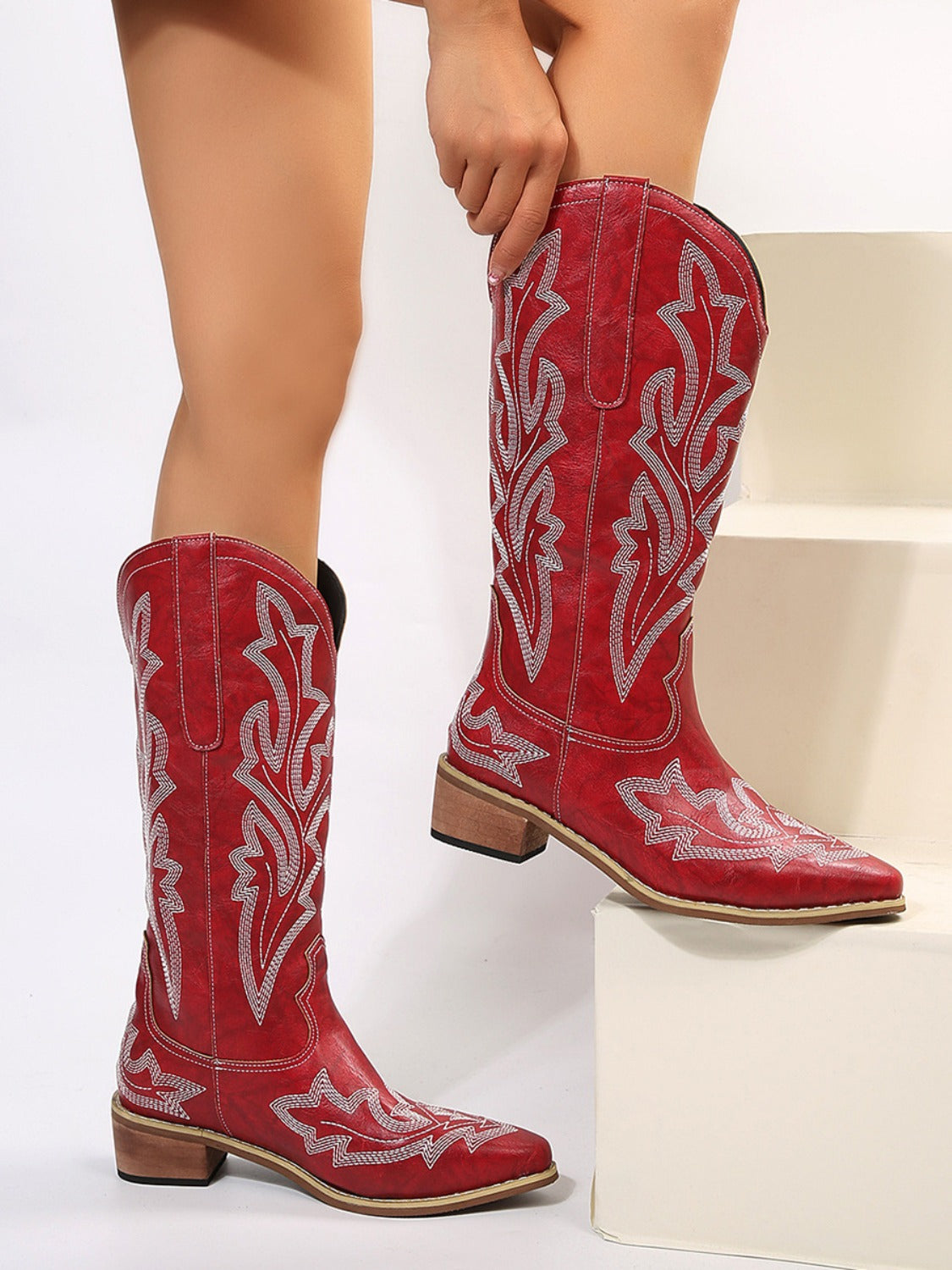 PU Leather Embroidered Geometric Point Toe Boots Trendsi