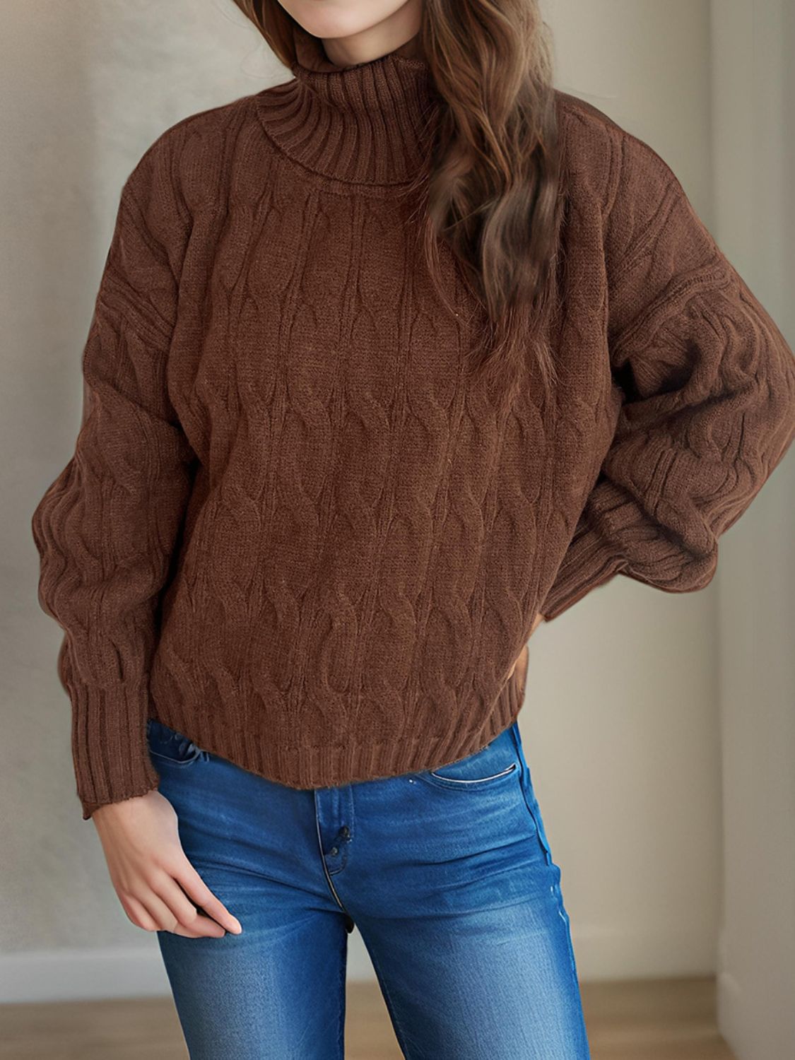 Cable-Knit Turtleneck Long Sleeve Sweater Trendsi