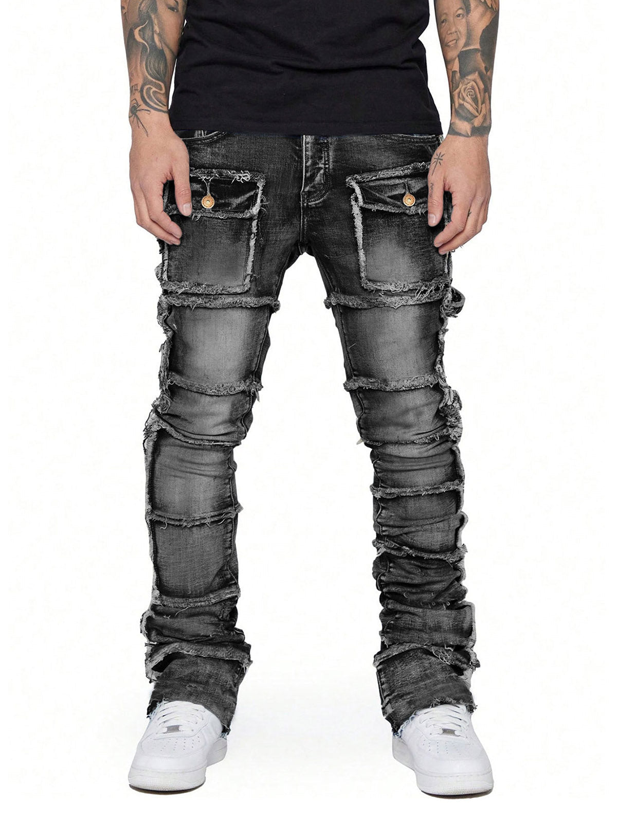 Sneakerhill Stretch Patch Layered Bootcut Stacked Jeans - sneakerhillcom