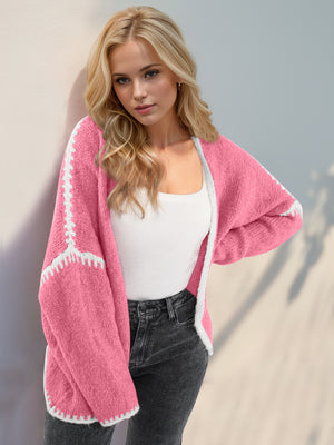 Double Take Contrast Open Front Dropped Shoulder Cardigan Trendsi