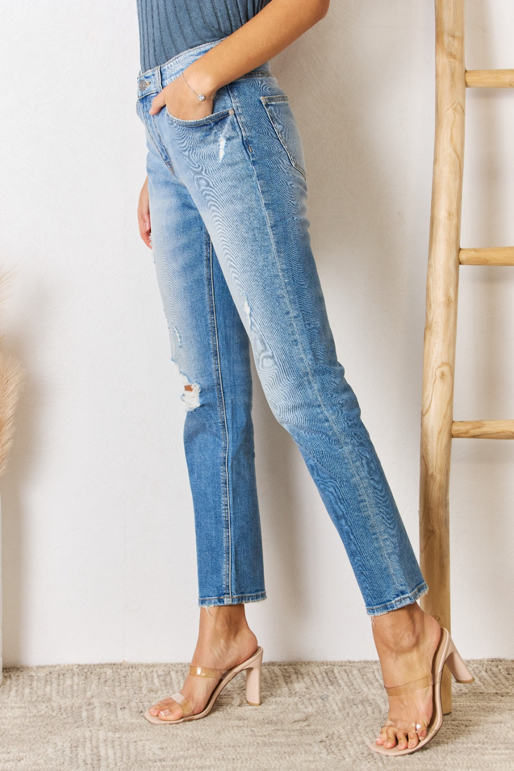 Kancan High Rise Distressed Slim Straight Jeans Trendsi