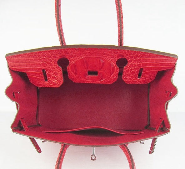 Birkin 30cm Crocodile Head Vein Handbags Red Silver - sneakerlandnet