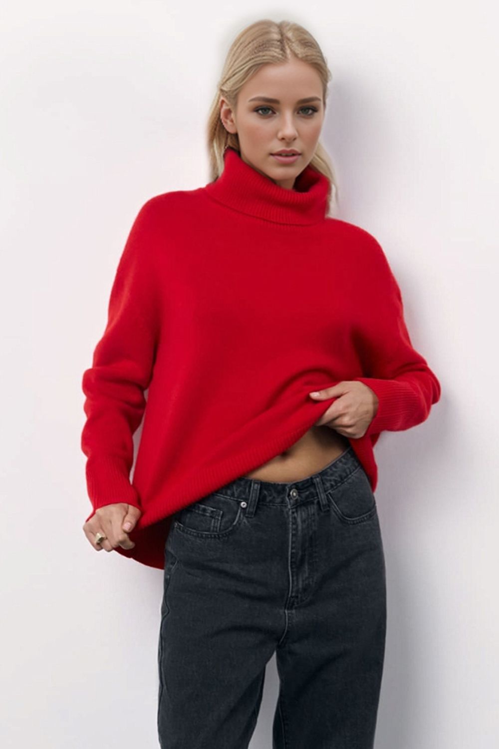 Basic Bae Turtleneck Long Sleeve Dropped Shoulder Sweater Trendsi