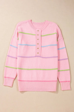 Contrast Striped Half Button Round Neck Sweater Trendsi