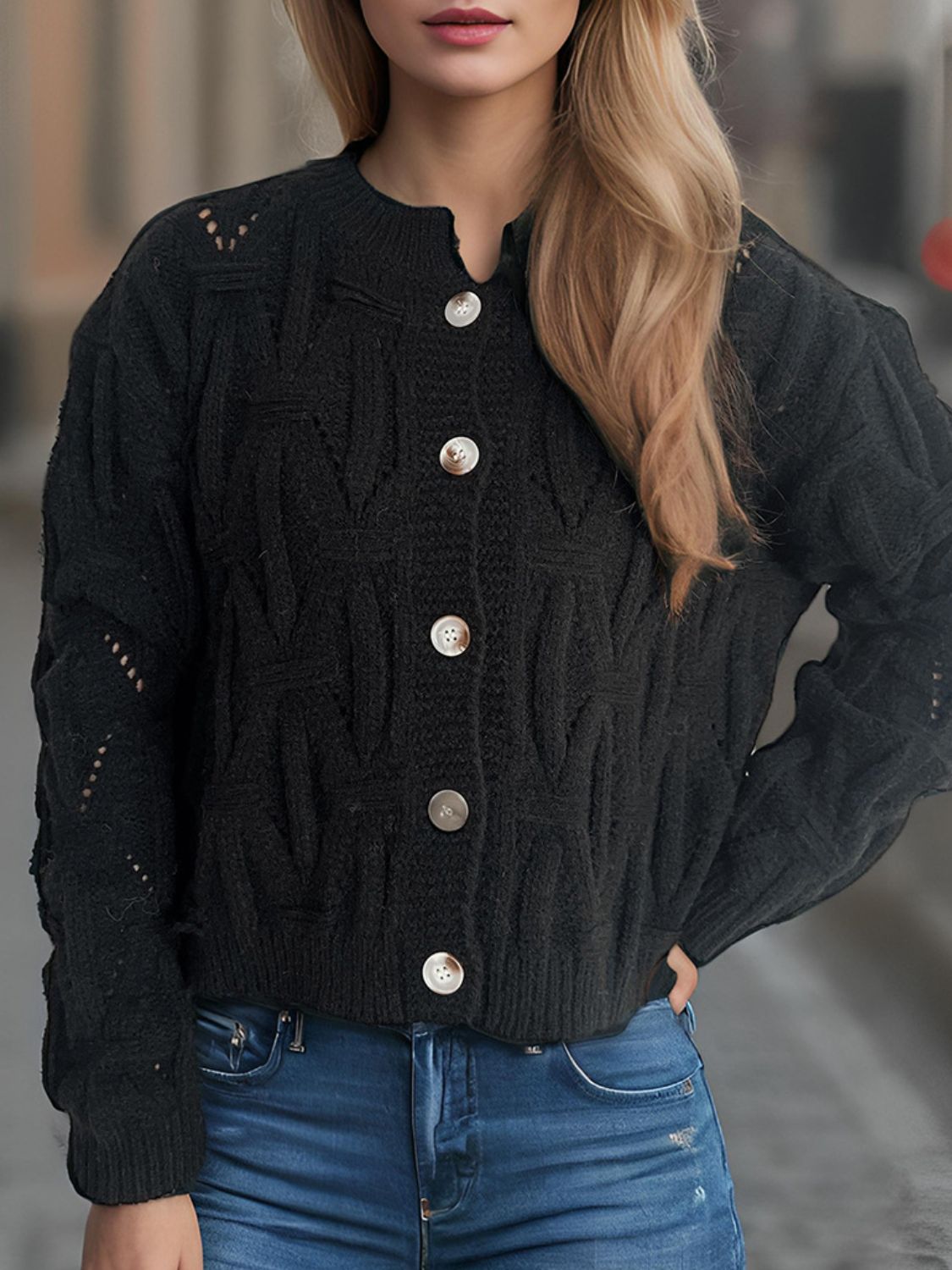 Openwork Round Neck Long Sleeve Cardigan Trendsi