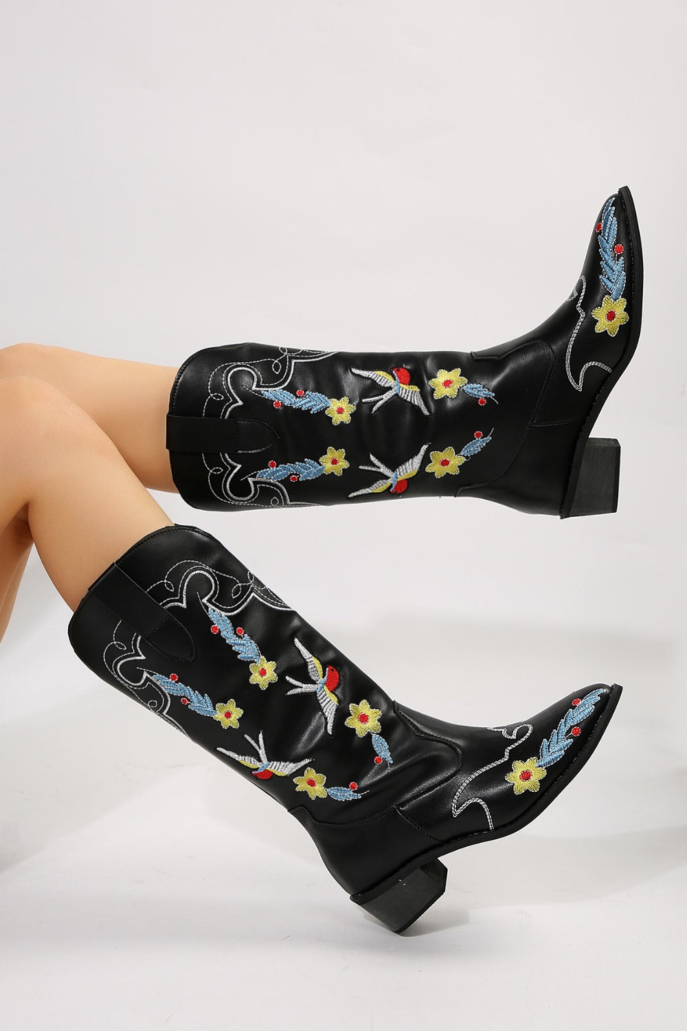 Embroidered Point Toe Block Heel Boots Trendsi