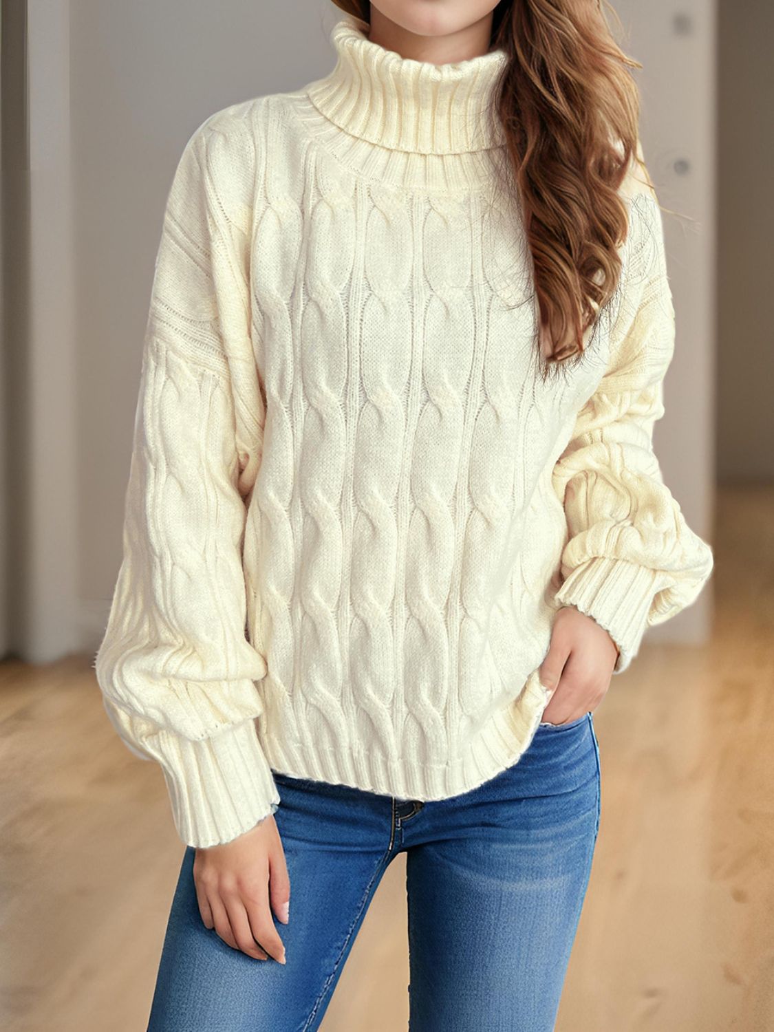 Cable-Knit Turtleneck Long Sleeve Sweater Trendsi