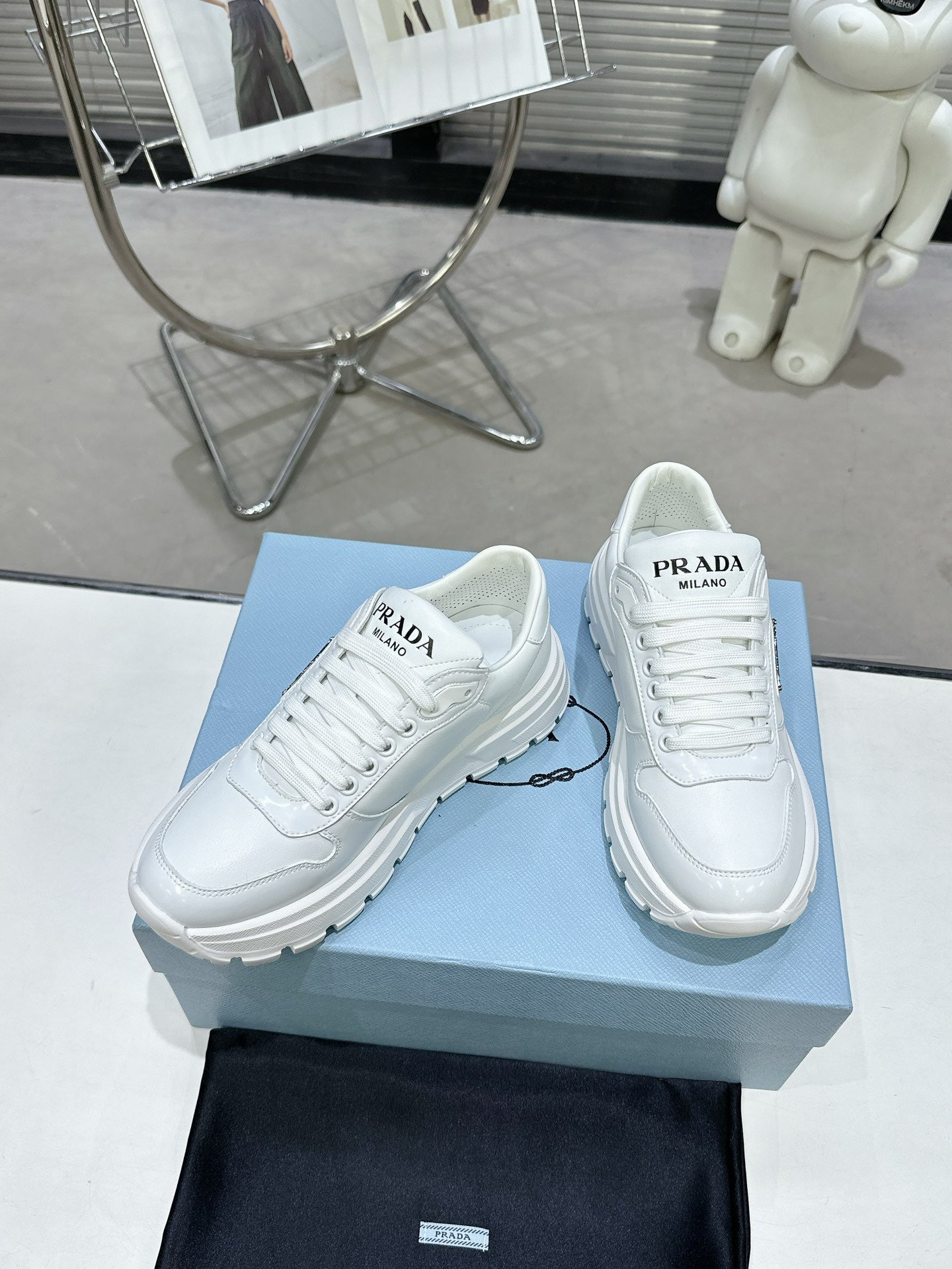 PRD Triangle Logo Leather Sneakers Triple White-046 - sneakerhillcom