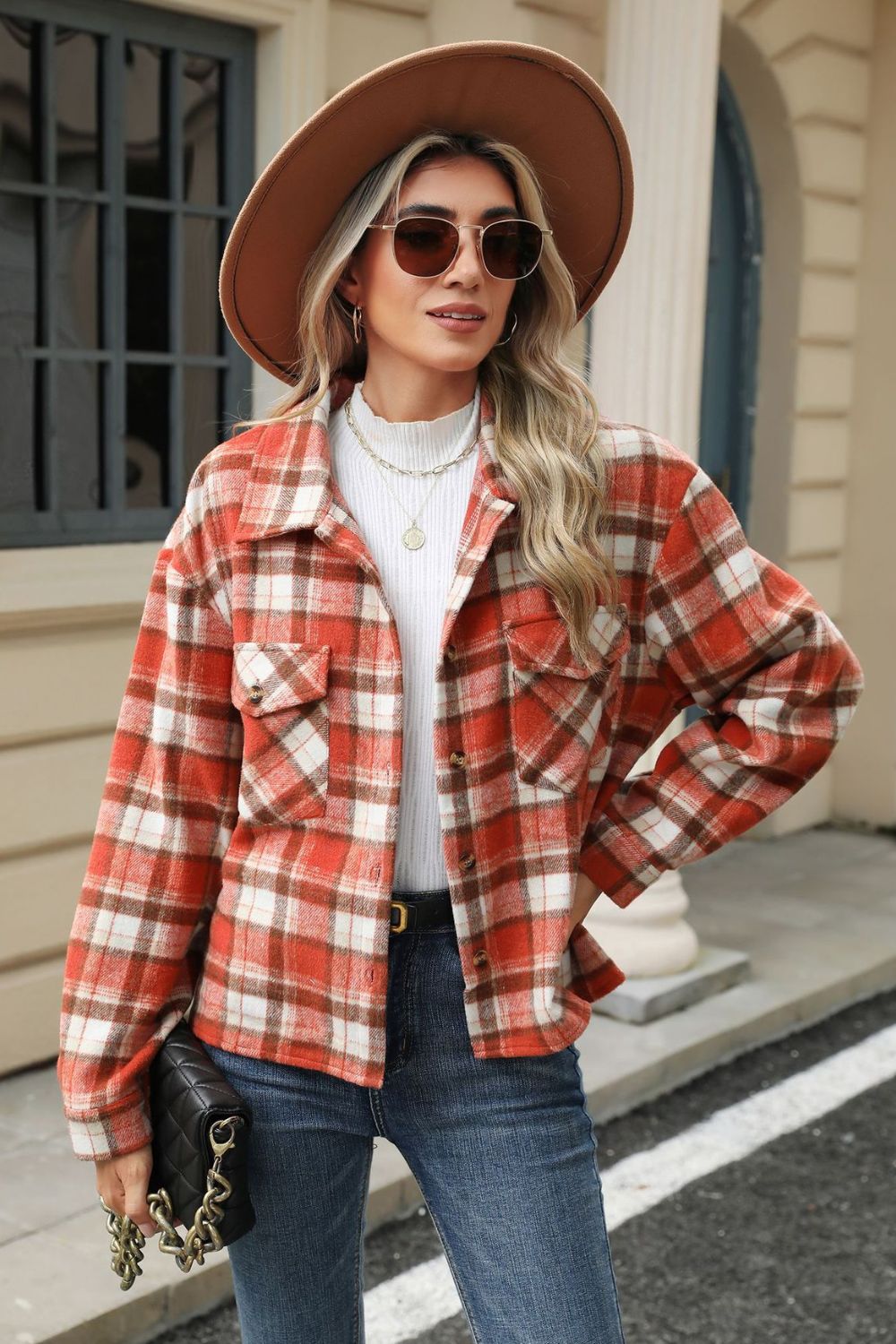 Pocketed Plaid Collared Neck Dropped Shoulder Jacket Trendsi