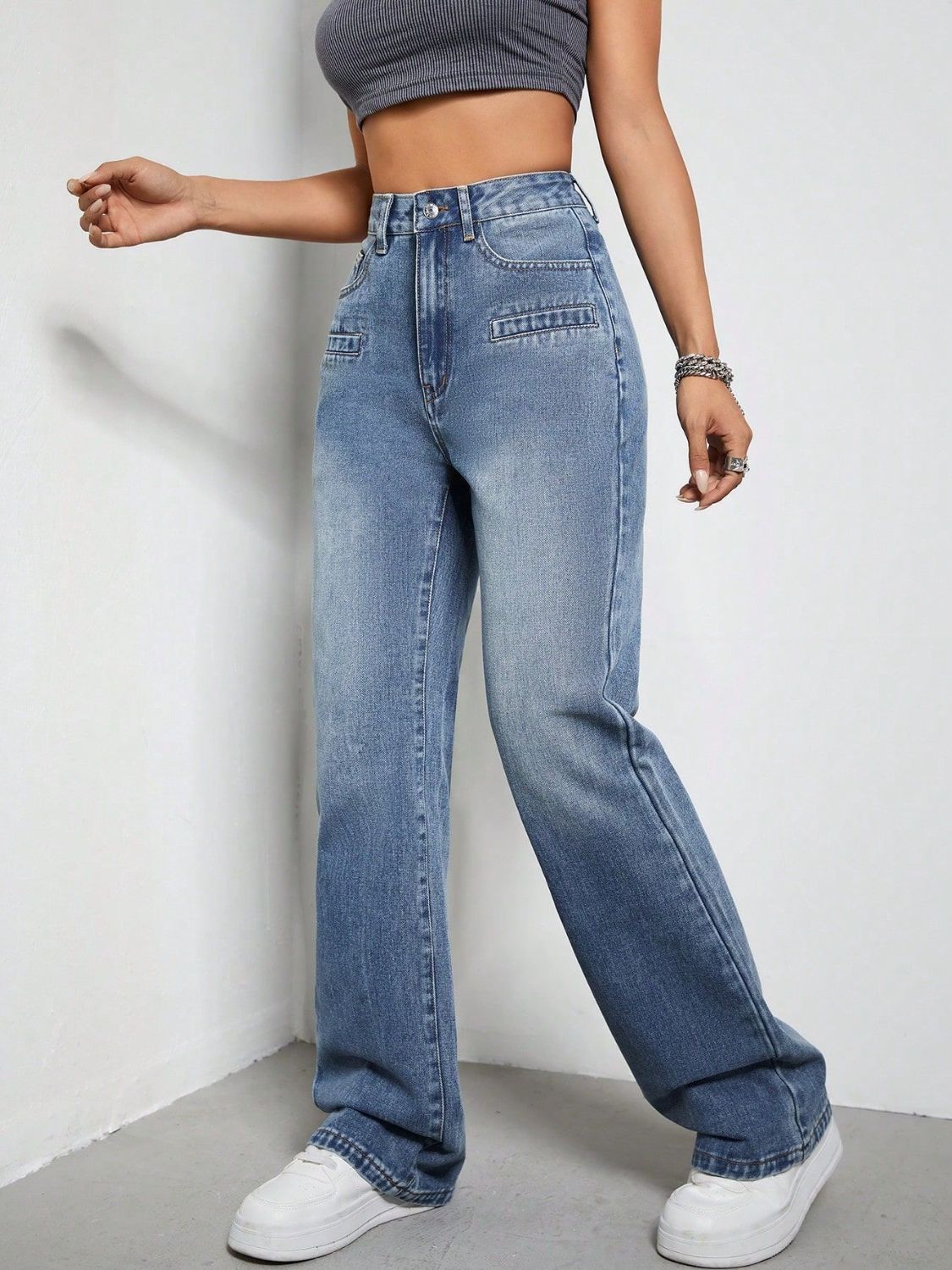 High Rise Wide Leg Jeans with Pockets Trendsi