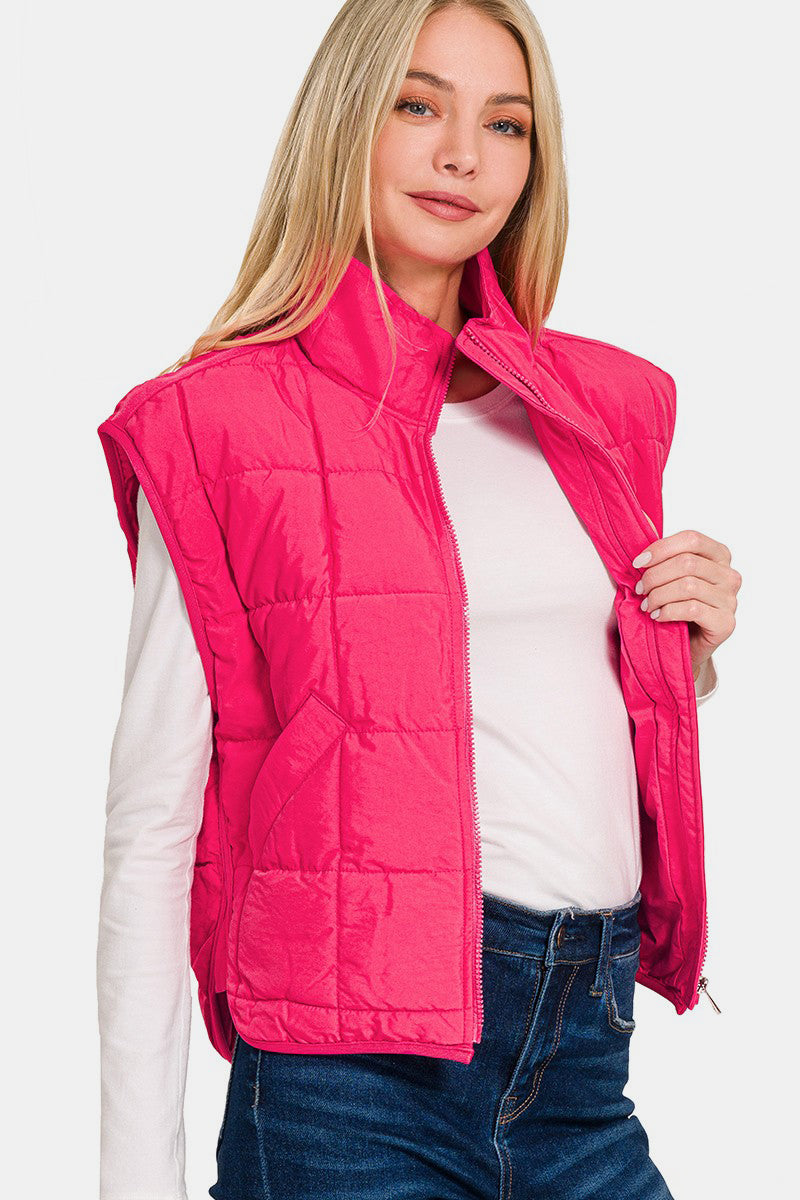 Zenana Zip Up Cropped Puffer Vest with Pockets Trendsi