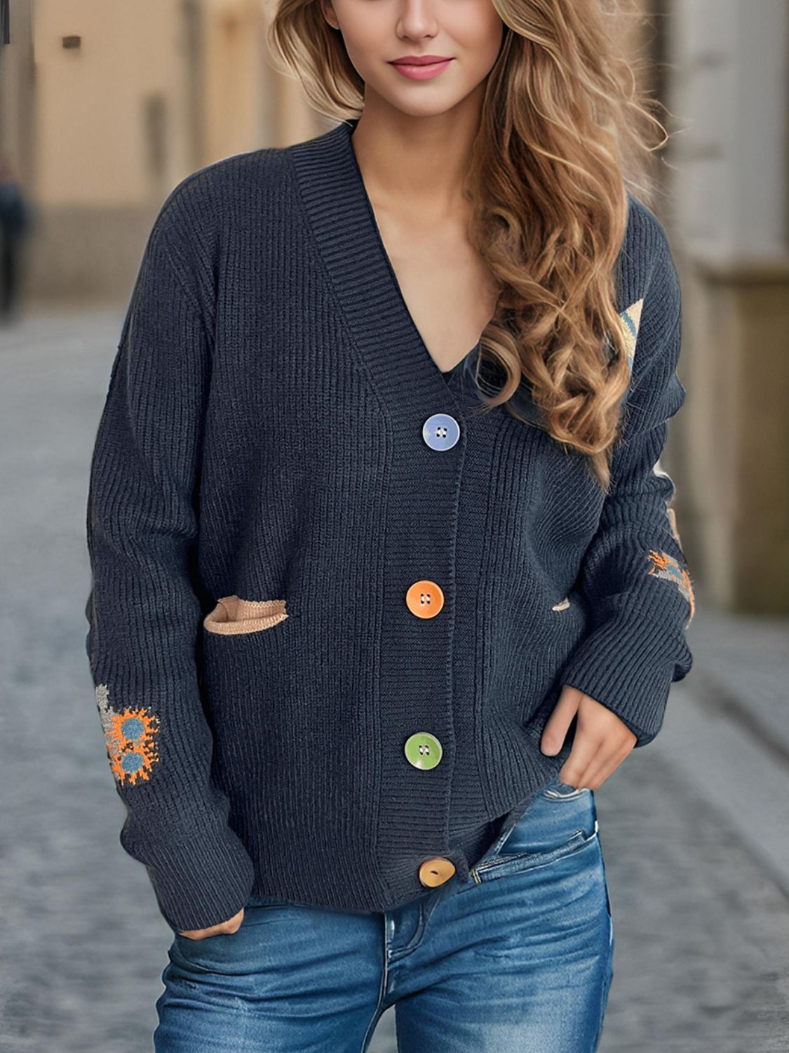 Contrast Button V-Neck Long Sleeve Cardigan Trendsi