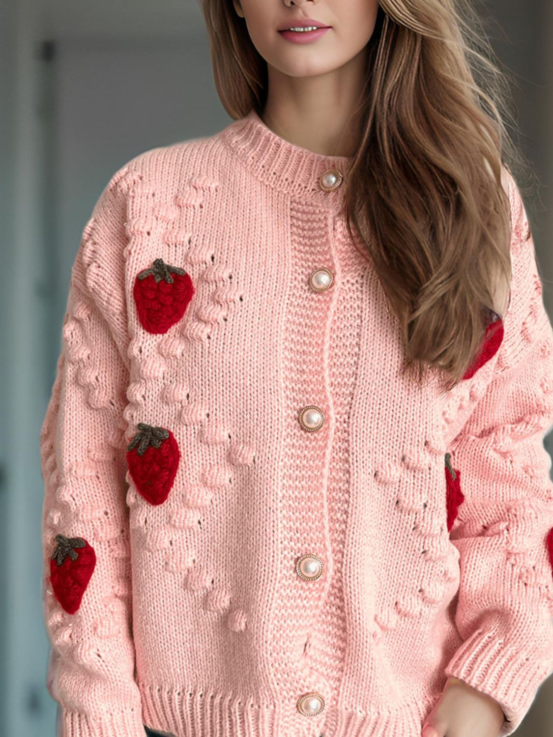 Strawberry Button Down Long Sleeve Cardigan Trendsi