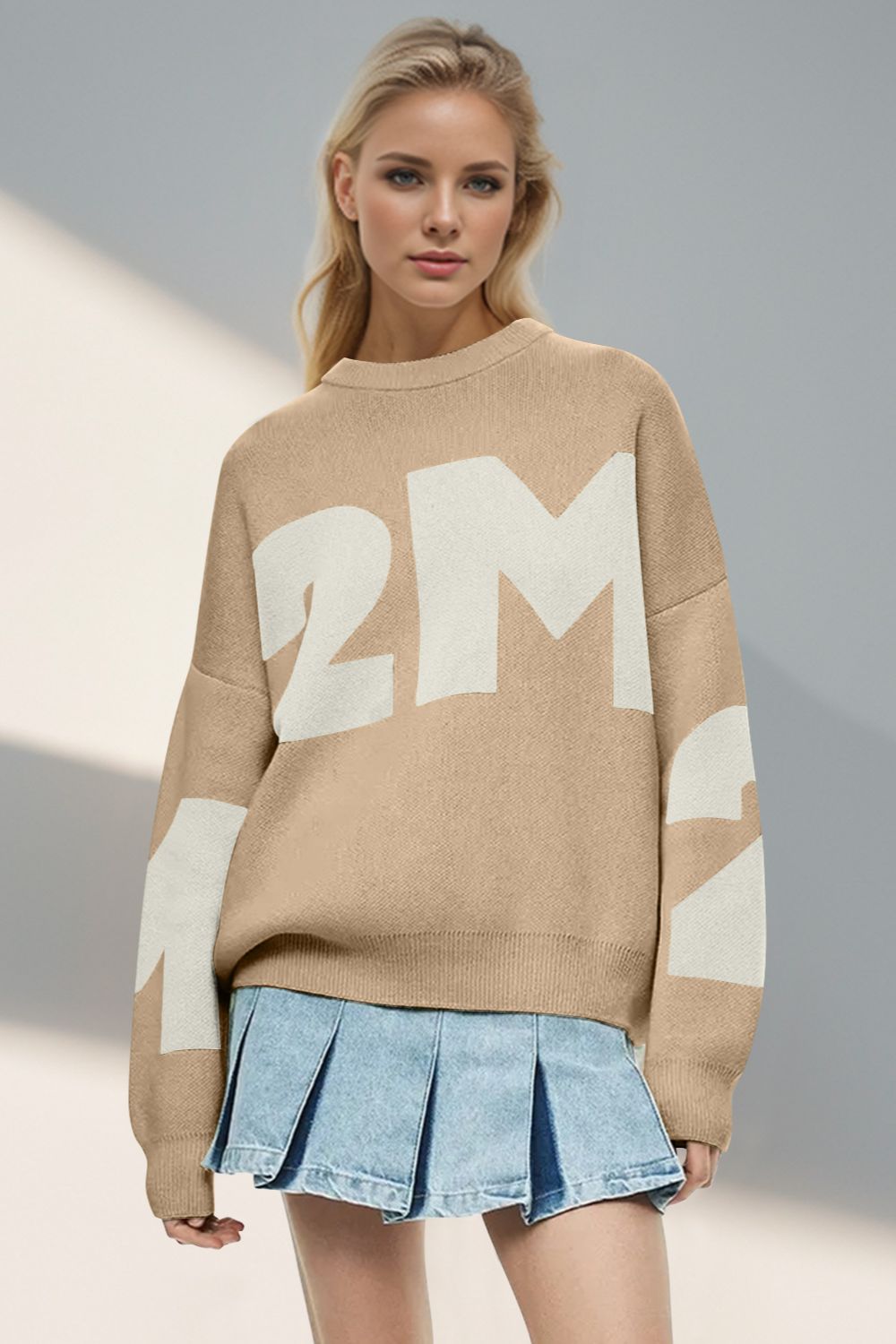 Basic Bae Contrast Letter Round Neck Long Sleeve Sweater Trendsi