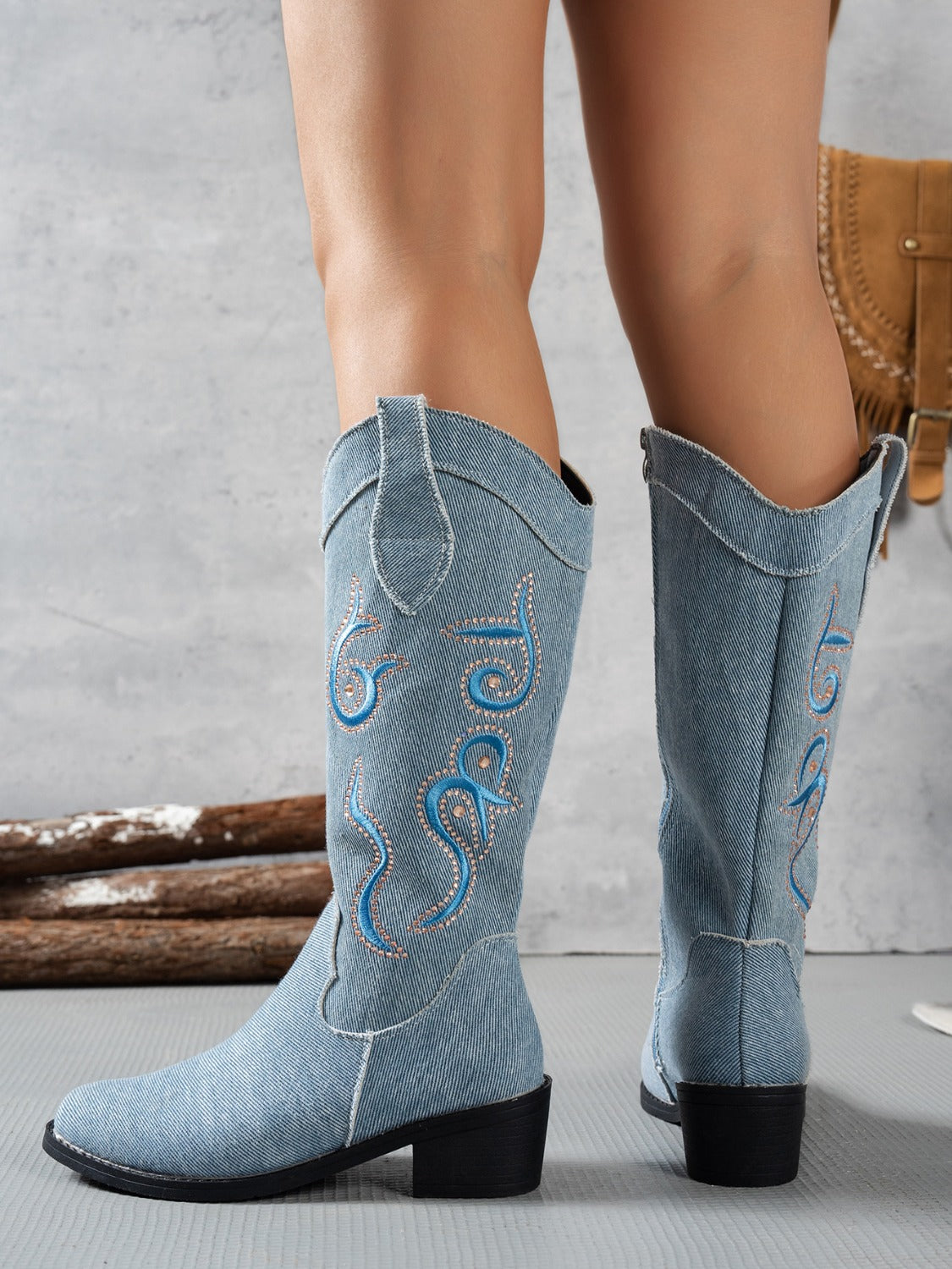 Embroidered Point Toe Block Heel Boots Trendsi