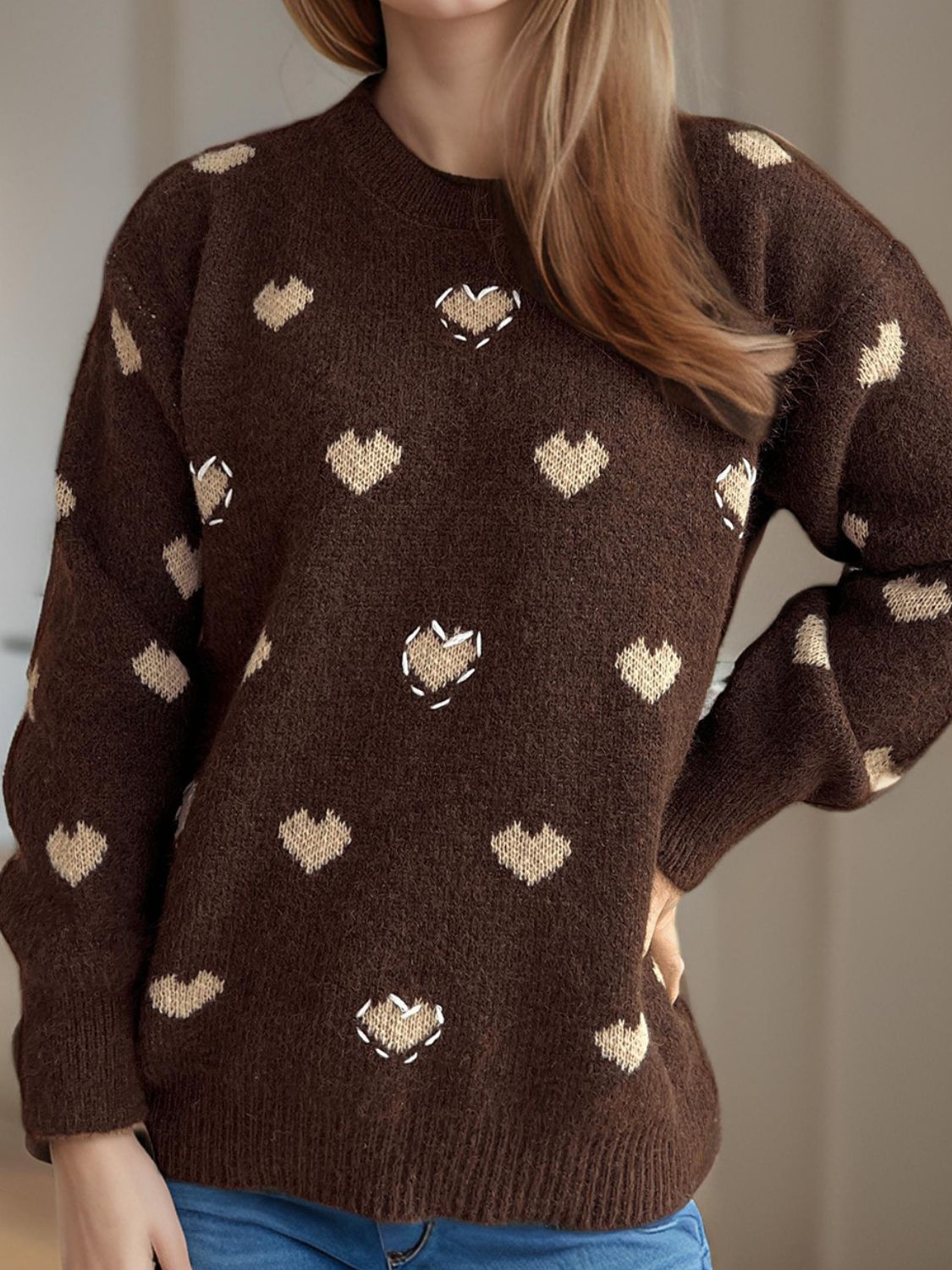 Heart Round Neck Long Sleeve Sweater Trendsi