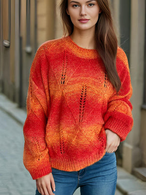 Openwork Round Neck Long Sleeve Sweater Trendsi