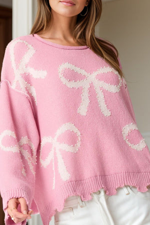 Pearl Detail Bow Round Neck Long Sleeve Sweater Trendsi